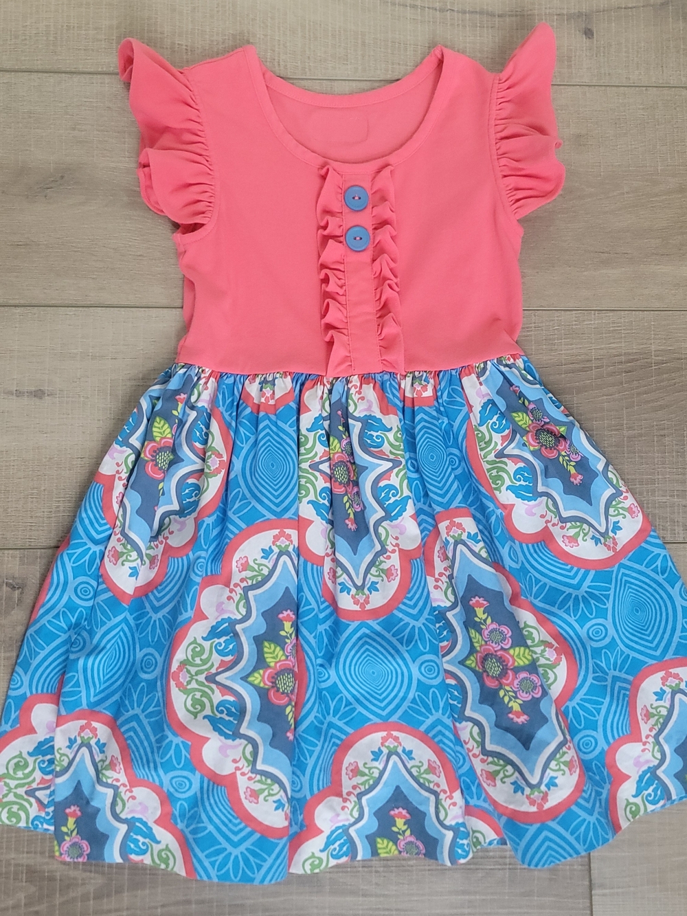 Eleanor Rose Rhonda Dress Coral Blue Floral Ruffle Flutter Sleeve Girls Size 5-6